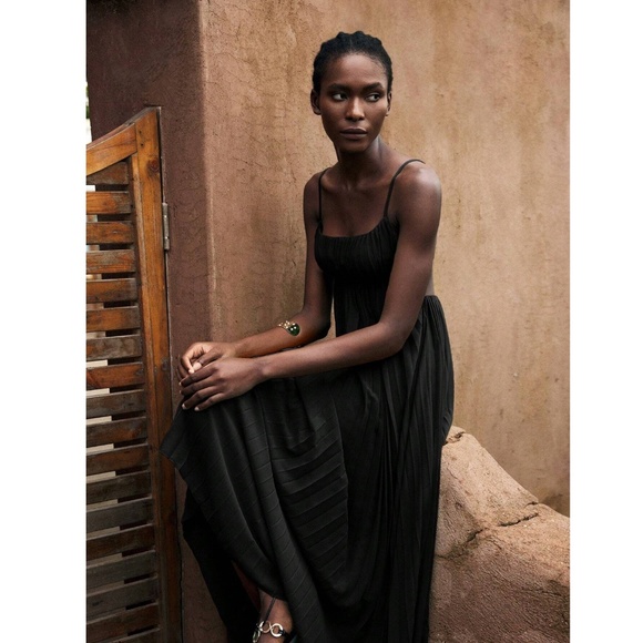 Black Pleated Maxi Babydoll Dress Open Back Flowy Skirt Tie Straps - Picture 5 of 10